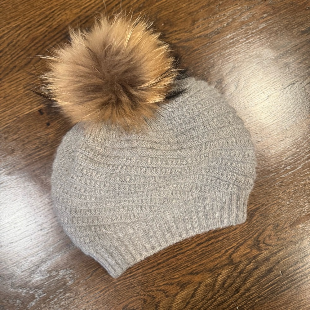 Annabelle Gray Knit Beanie with Brown Pom-Pom